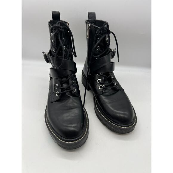 Pull & Bear Black Combat Moto Boots Laces Buckles size 39 Ankle Boots - Fair - Picture 1 of 11